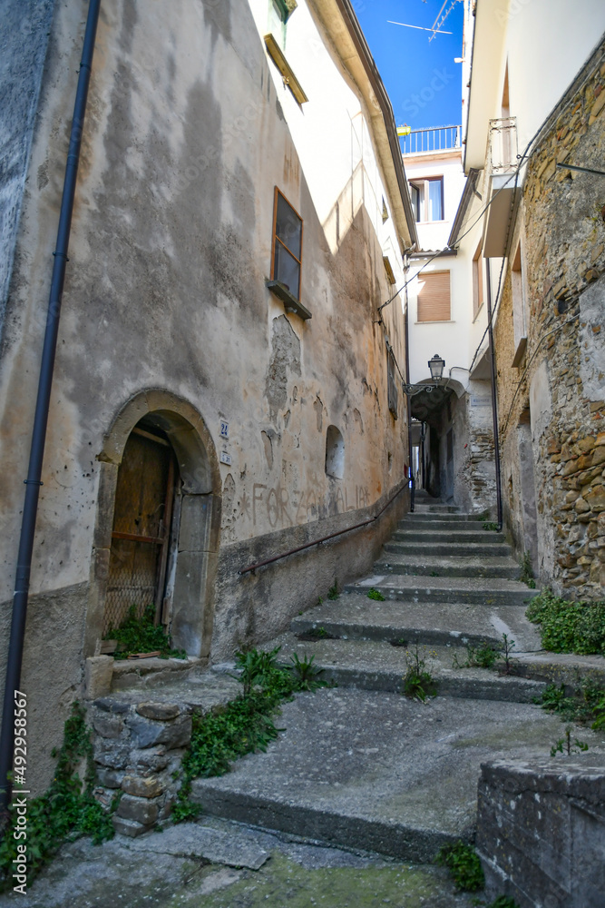 A narrow street among the old stone houses of Altavilla Silentina, town in Salerno province, Italy.	
