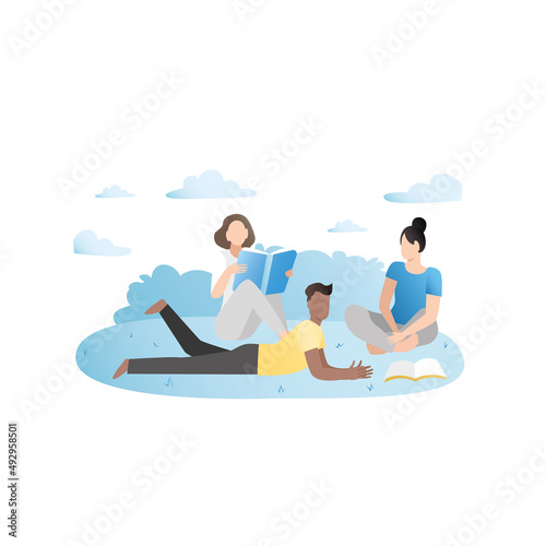 Happy friends, when they meet, talk outdoors in park, joke, laugh, relax on picnic, read books in nature, tell stories. Team of people sits, lies on grass on weekends, on vacation, in free time.