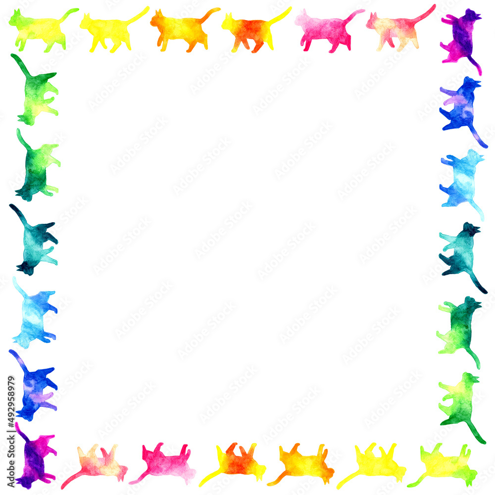 Fototapeta premium おしゃれな猫の手描き水彩イラスト背景素材 カラフルな歩く猫シルエットのフレーム