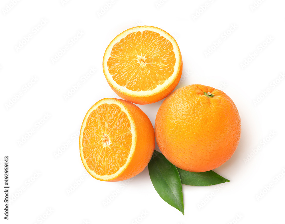 Flat lay of Orange with cut in half isolated on white background. Flat lay of Orange with cut in half isolated on white background.