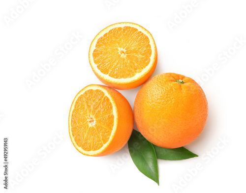 Flat lay of Orange with cut in half isolated on white background.