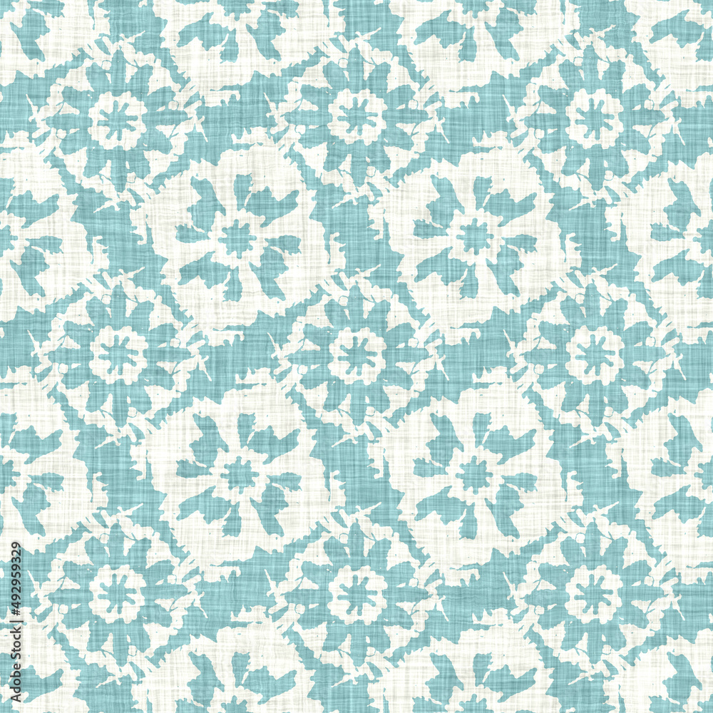 Aegean teal mottled flower linen texture background. Summer coastal living style 2 tone fabric effect. Sea green wash distressed grunge material. Decorative floral motif textile seamless pattern