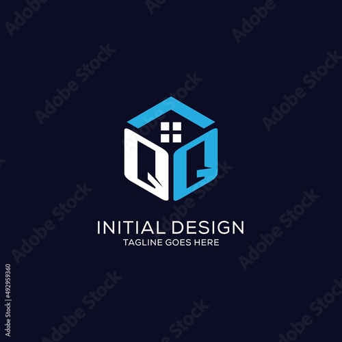 Initial logo QQ monogram with abstract house hexagon shape, clean and elegant real estate logo design