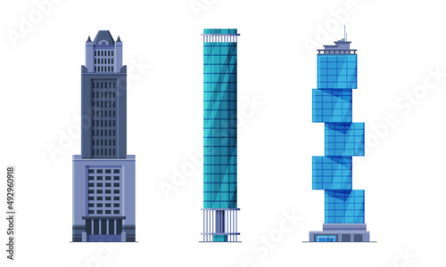 Skyscrapers facades set. Modern city buildings cartoon vector illustration