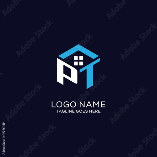 Initial logo PT monogram with abstract house hexagon shape, clean and elegant real estate logo design