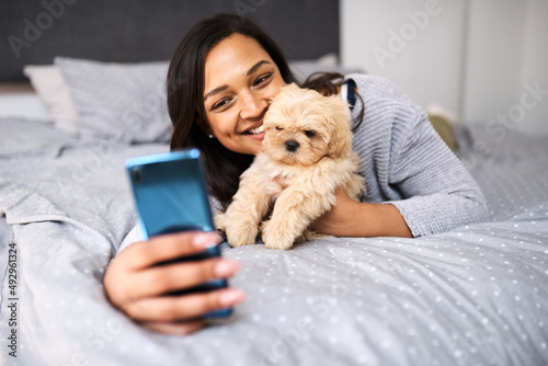 Selfies with my floofy. Shot of a young woman taking selfies with her dog at home.