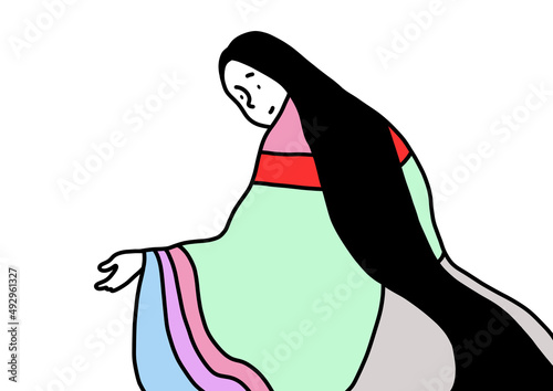 日本の伝統的な着物「十二単」を着ている昔の女の人。