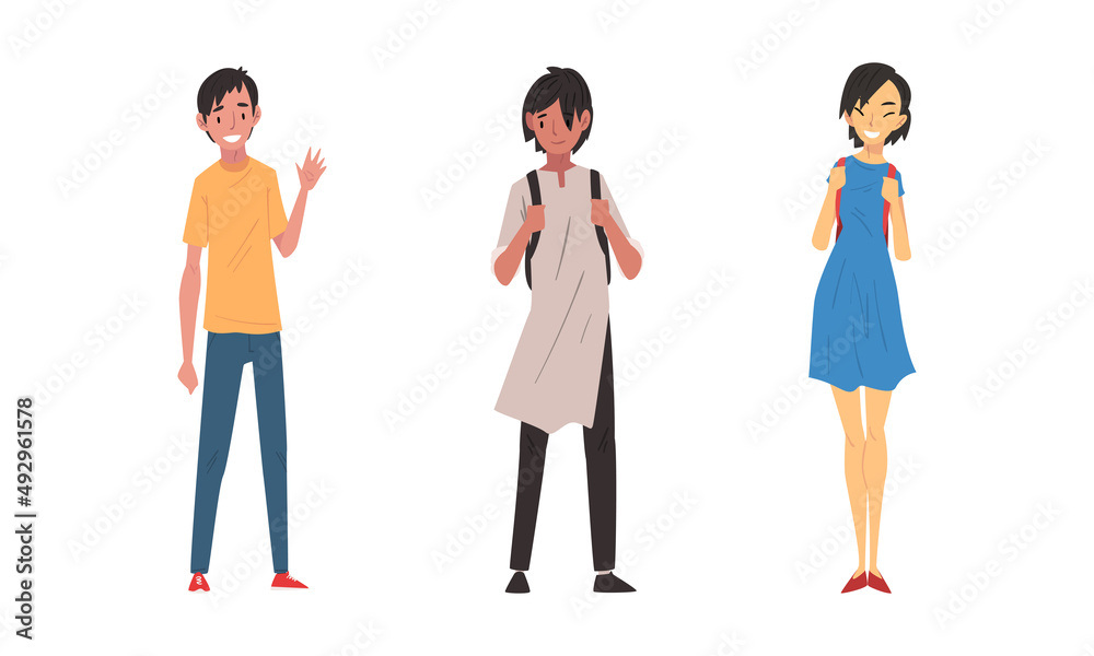 Fototapeta premium Cheerful students of different nationalities set cartoon vector illustration