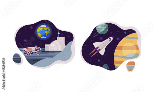 Rocket in space, rover and science station. Cosmos industry exploration cartoon vector illustration