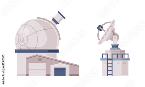 Observatory dome and satellite dish for broadcast communication. Explore and observe galaxy and space technologies vector illustration photo