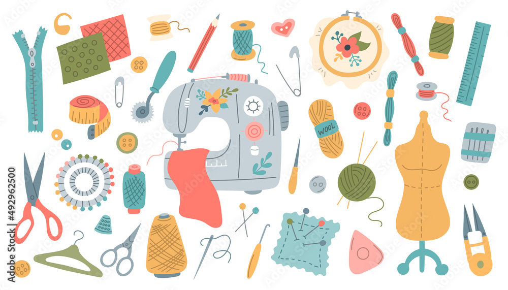Big set of sewing elements for needlework and embroidery. Scissors, needles, thread, sewing machine and buttons. Vector illustration in flat style