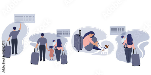 Set. Refugees. Immigrants. A family with small children and suitcases is forced to leave the country. Sad girl sits with a suitcase and a dog. Evacuation. Resettlement during the war. Vector illustrat