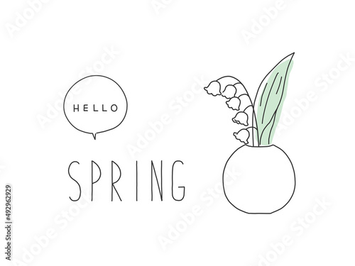 花瓶に入ったすずらんの手描きペン画風シンプル春イラスト
