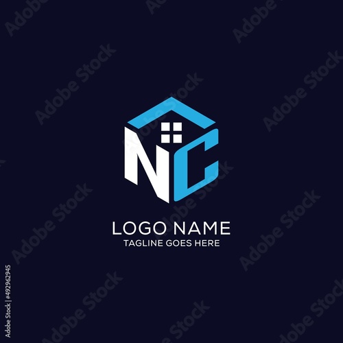 Initial logo NC monogram with abstract house hexagon shape, clean and elegant real estate logo design