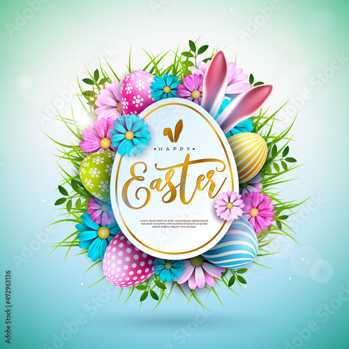 Vector Illustration of Happy Easter Holiday with Painted EggRabbit Ears and Spring Flower on Shiny Light Blue Background. International Celebration Design with Rabbit Shape and Typography for Greeting