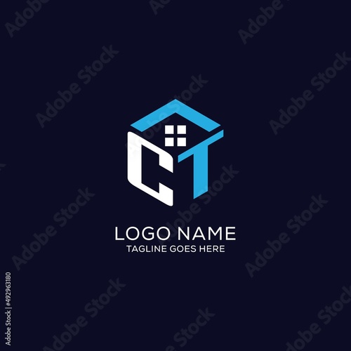 Initial logo CT monogram with abstract house hexagon shape, clean and elegant real estate logo design