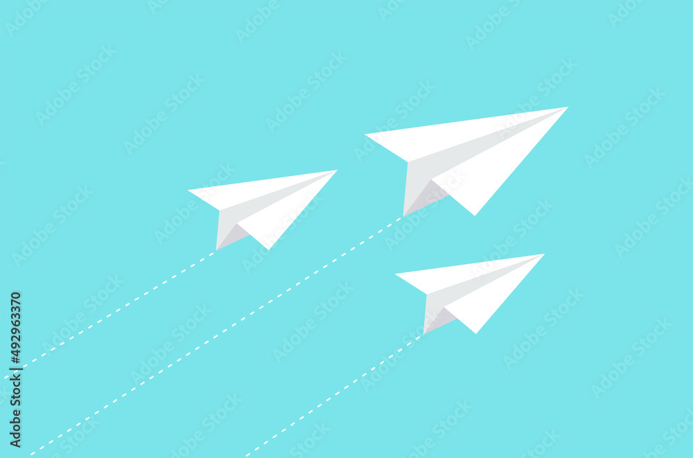 Paper plane with dotted trace on blue background. Paper airplane flying. Vector illustration. Paper plane with dotted trace on blue background. Paper airplane flying. Vector illustration.