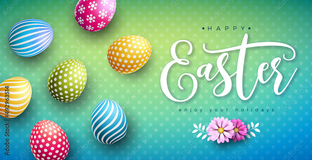 Vector Illustration of Happy Easter Holiday with Colorful Painted Egg and Typography Letter on Shiny Background. Easter Day Celebration Design for Flyer, Greeting Card, Banner, Holiday Poster or Party