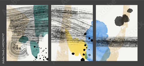 Abstract hand painting artwork. Vector illustration with watercolor, ink roller, splash and splatter, rake texture. For home, wall deco, posters, print, web, banner, cover.