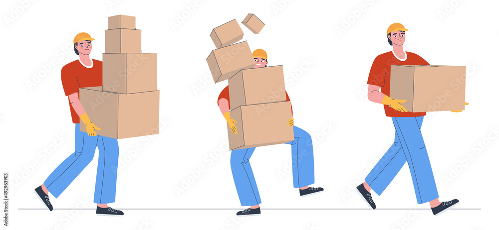 The man carries one box. The courier delivers a lot of boxes. The delivery man scattered the parcels. Set of different types of couriers from the delivery service. Flat vector illustration. Eps10 The man carries one box. The courier delivers a lot of boxes. The delivery man scattered the parcels. Set of different types of couriers from the delivery service. Flat vector illustration. Eps10