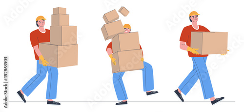 The man carries one box. The courier delivers a lot of boxes. The delivery man scattered the parcels. Set of different types of couriers from the delivery service. Flat vector illustration. Eps10