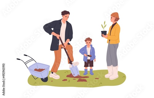 Family, kid planting tree outdoors. Parents and child, eco volunteers in nature. Father, mother, son with seedling and spade. Mom, dad and boy. Flat vector illustration isolated on white background