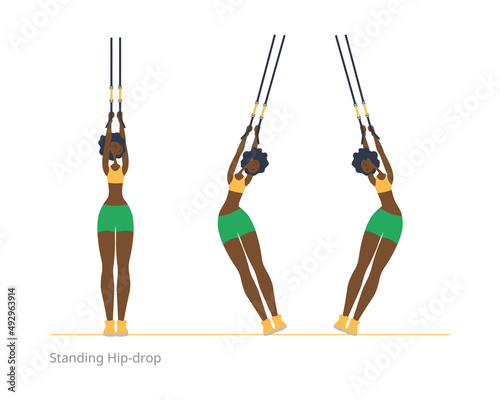 A black woman goes in for sports. Muscle stretching exercise. Classes with sports equipment. Flat vector illustration. Eps10