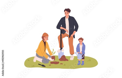 Family with kid planting tree together in nature. Parents and child, eco volunteers with seedling and spade outdoors. Father, mother and son. Flat vector illustration isolated on white background