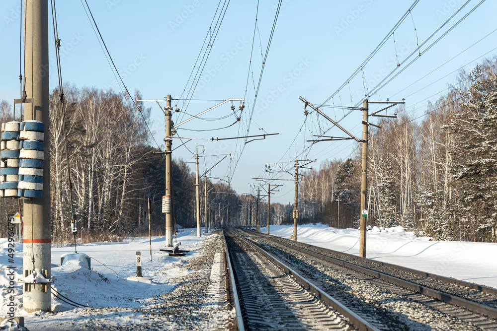 New railway among forest in sunny winter day