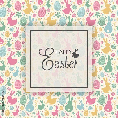 Happy Easter. Greeting card with decorative eggs, bunnies and flowers on white background. Vector