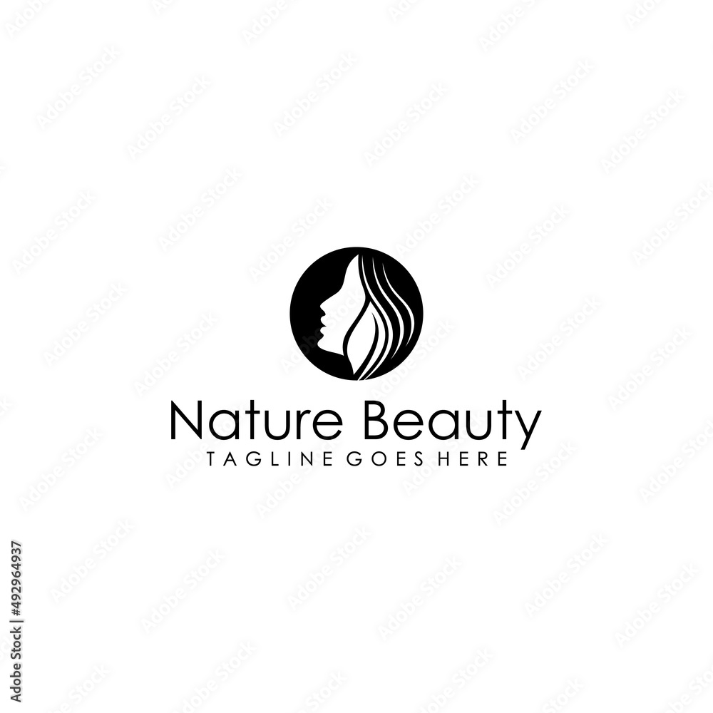 Beautiful woman's face logo design template. Hair, girl, leaf symbol. Abstract design concept for beauty salon, massage, magazine, cosmetic and spa.