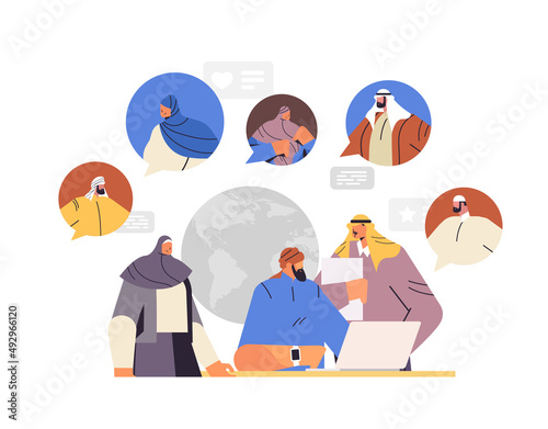arabic businesspeople discussing during meeting chat bubble communication multicultural society concept