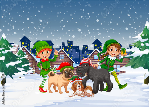 Snowy christmas night scene with elves and dogs
