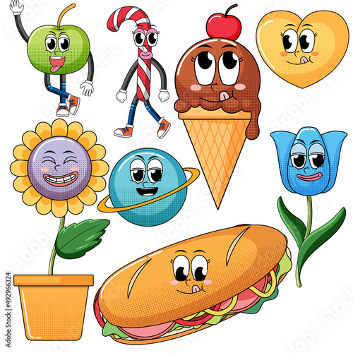 Set of facial expression with vintage style food cartoon on white background