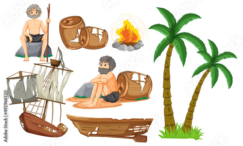 A man and boat wreck on white background