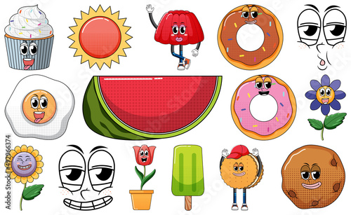 Set of facial expression with vintage style food cartoon on white background