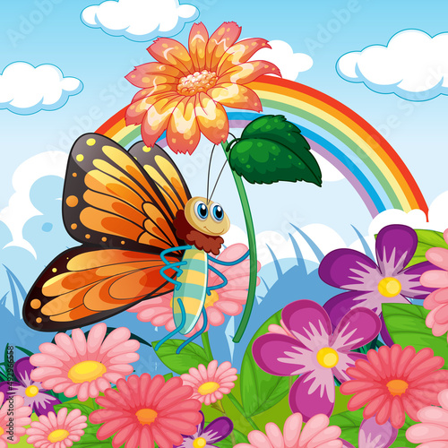 Flower field with cartoon butterfly holding flower