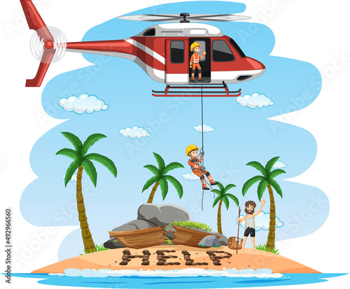Island scene with rescue in cartoon style
