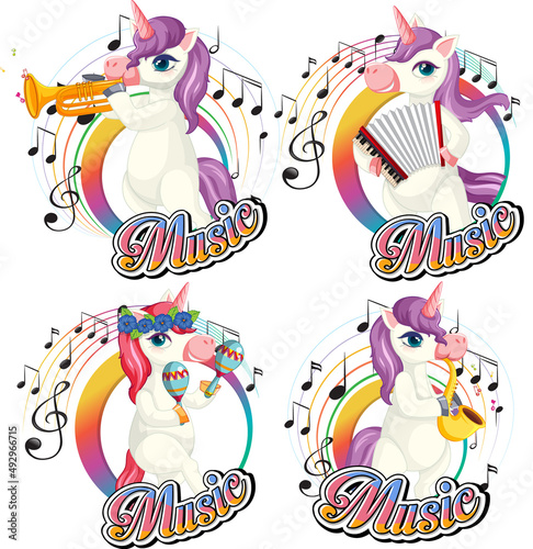 Set cute unicorn playing musical instruments with music notes on white backgr...