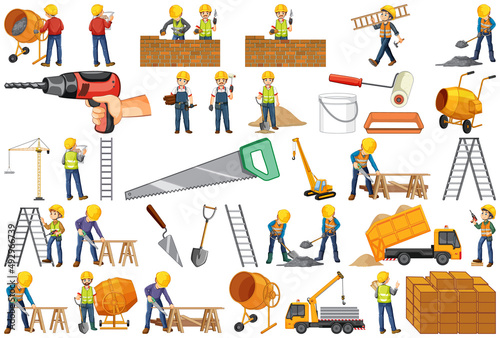 Construction worker set with man and tools