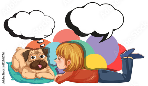 A girl and dog with callouts
