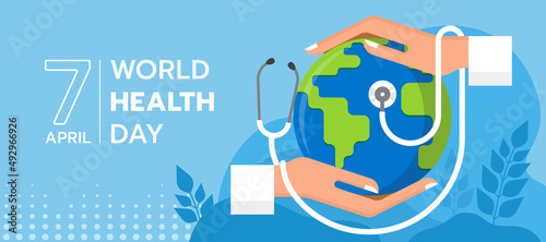 world health day - hand hold care globle world with stethoscope around on blue background vector design