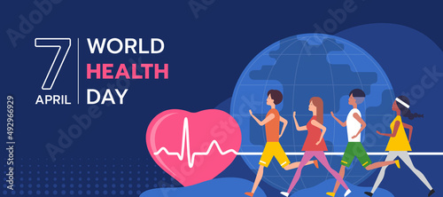 world health day banner - People are jogging and there is a heart wave line on a heart symbol and globe background vector design