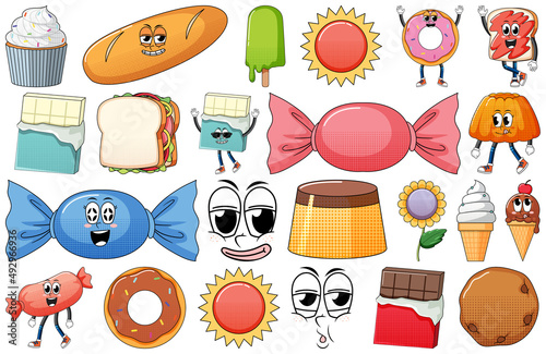 Set of facial expression with vintage style food cartoon on white background
