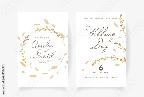 Wedding invitation template with beautiful golden leaves and flowers Vector illustration