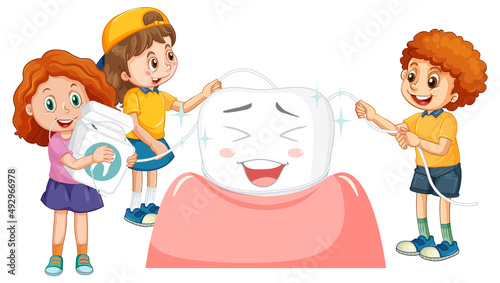 Children polishes the teeth using dental floss on white background