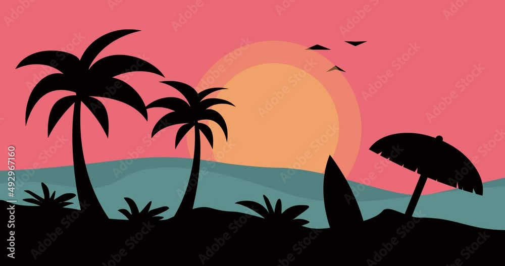 animated video background of beach and coconut trees with umbrella and skis