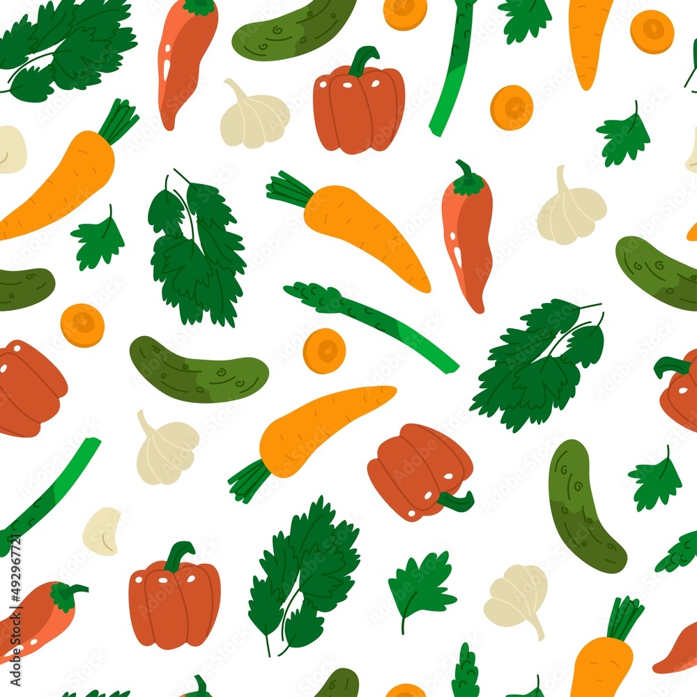 Seamless pattern with vegetables. Pepper, carrot, cucumber, garlic, celery, parsley. Background for home paper and textile. Flat style in vector illustration. Isolated element. Seamless pattern with vegetables. Pepper, carrot, cucumber, garlic, celery, parsley. Background for home paper and textile. Flat style in vector illustration. Isolated element.