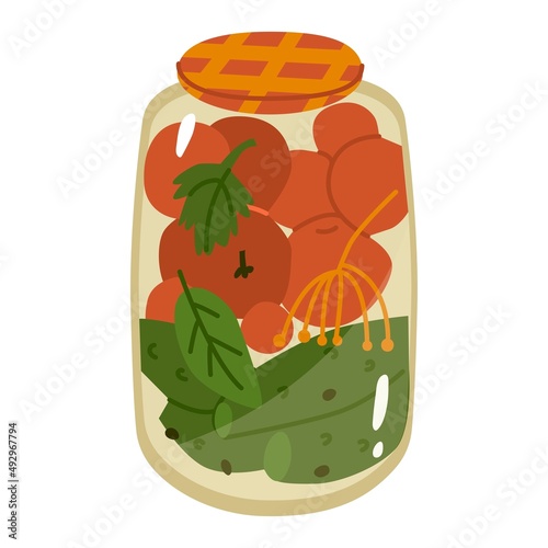 Vegetables in Glass jar. Pickled cucumbers and tomatoes. Home canning. Preparing food for the winter. Stocks in the closet. Flat style in vector illustration. Isolated element.