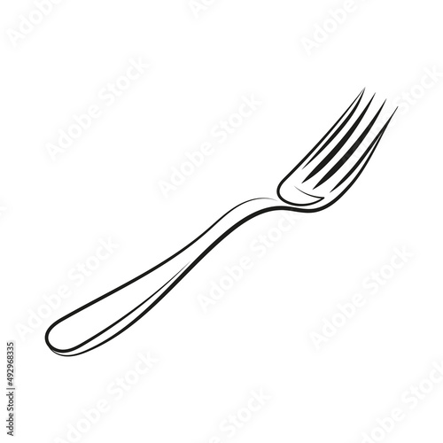 Black linear drawing of a fork on a white background. Illustration for books, advertisements, menus.